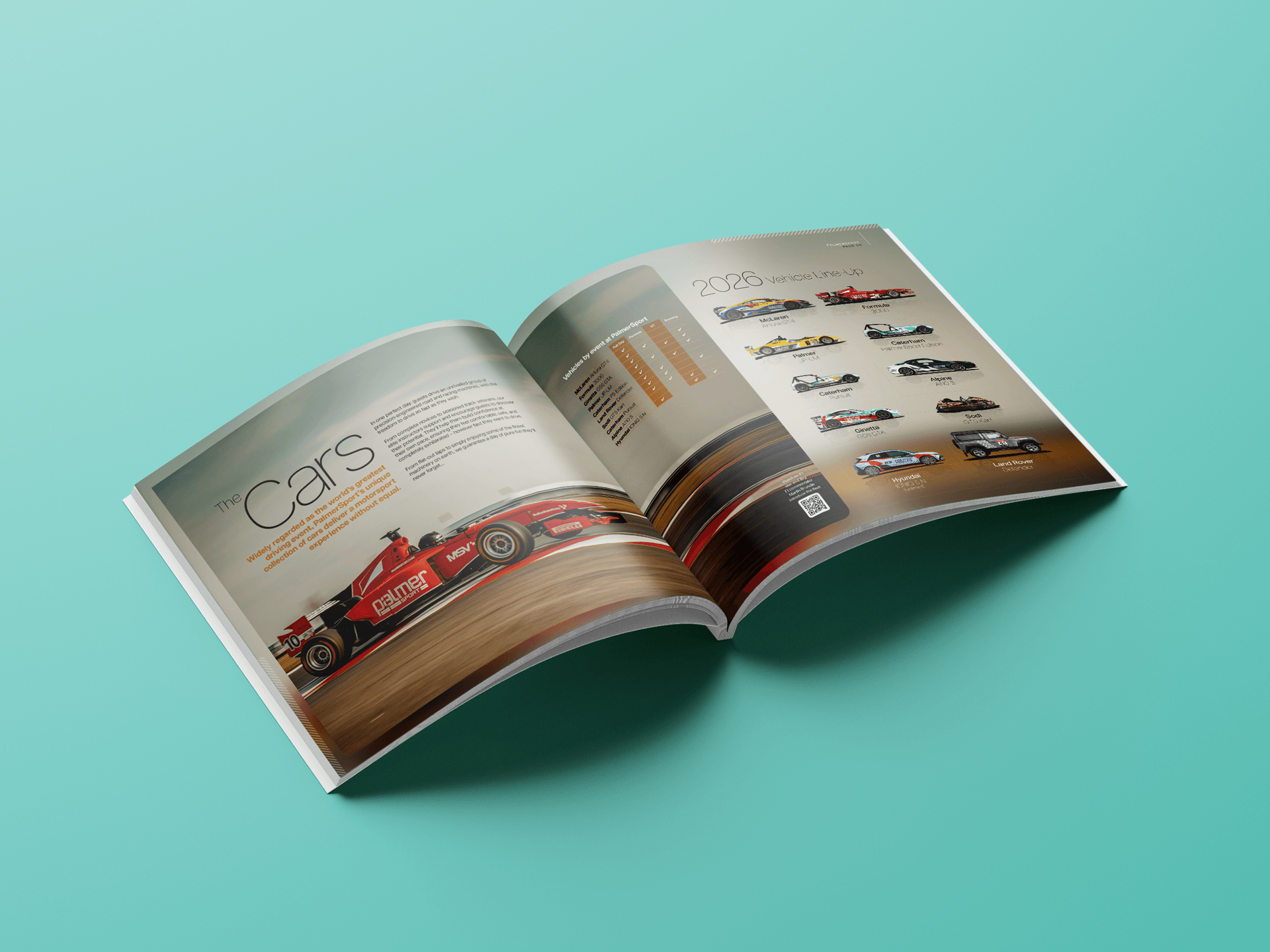 A mock-up of the internal spread of a perfect bound book for MotorSport Vision.