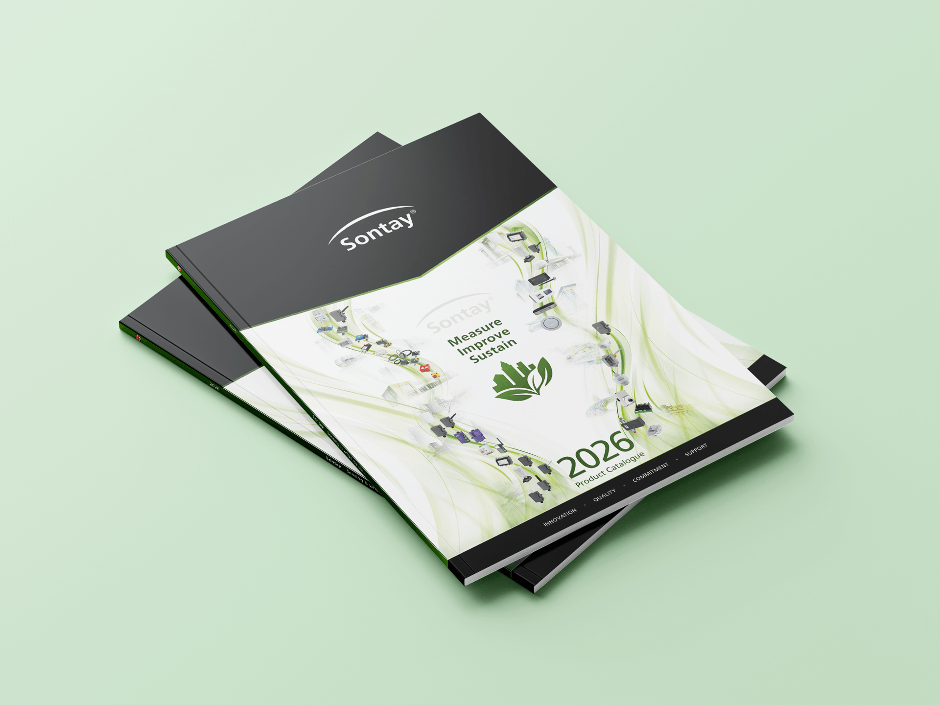 An A4 perfect bound product catalogue for Sontay mock-up showing the cover.