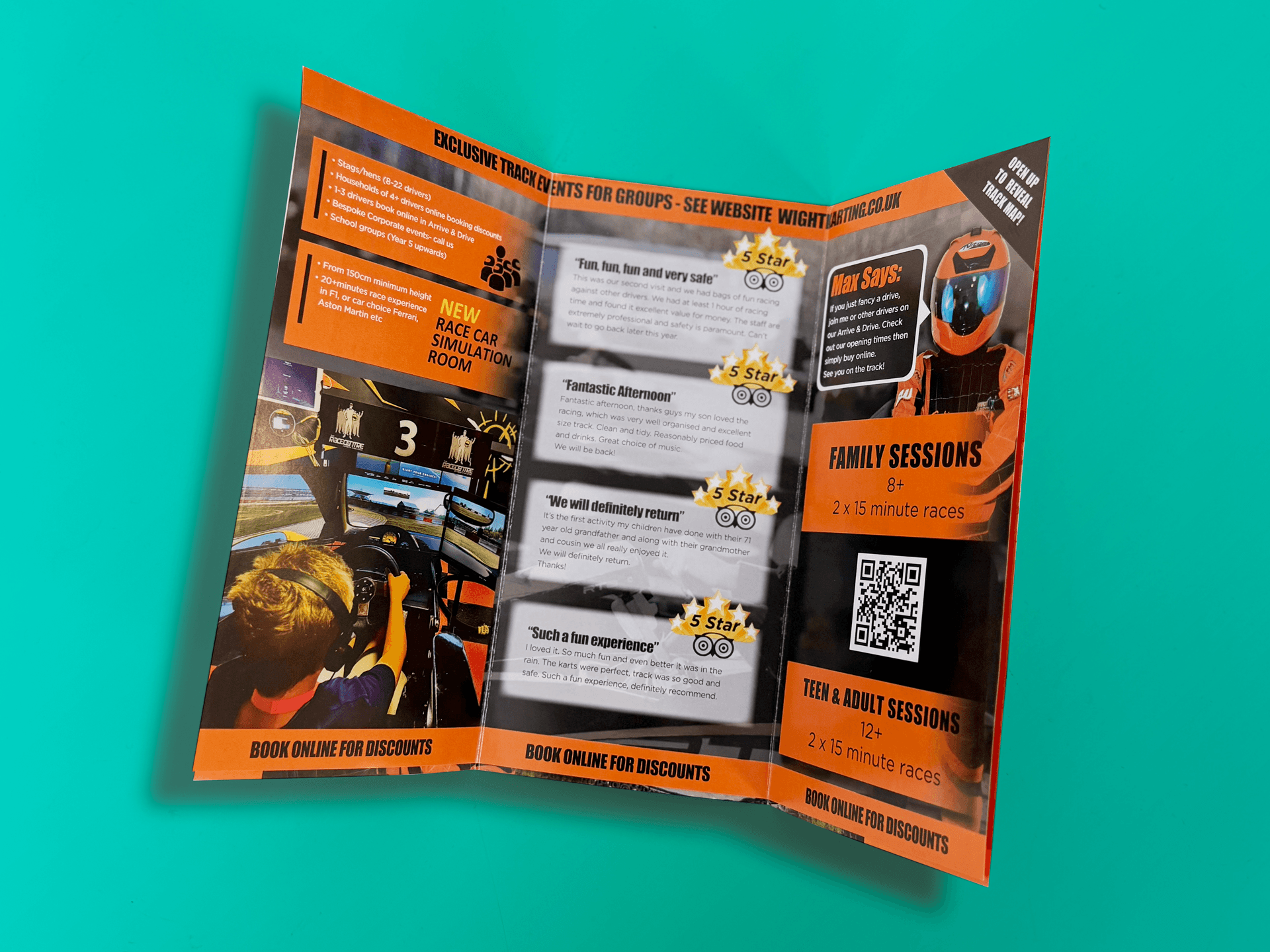 A DL sized 22 page half then roll fold leaflet for Wight Karting mock-up showing the roll folded back page.
