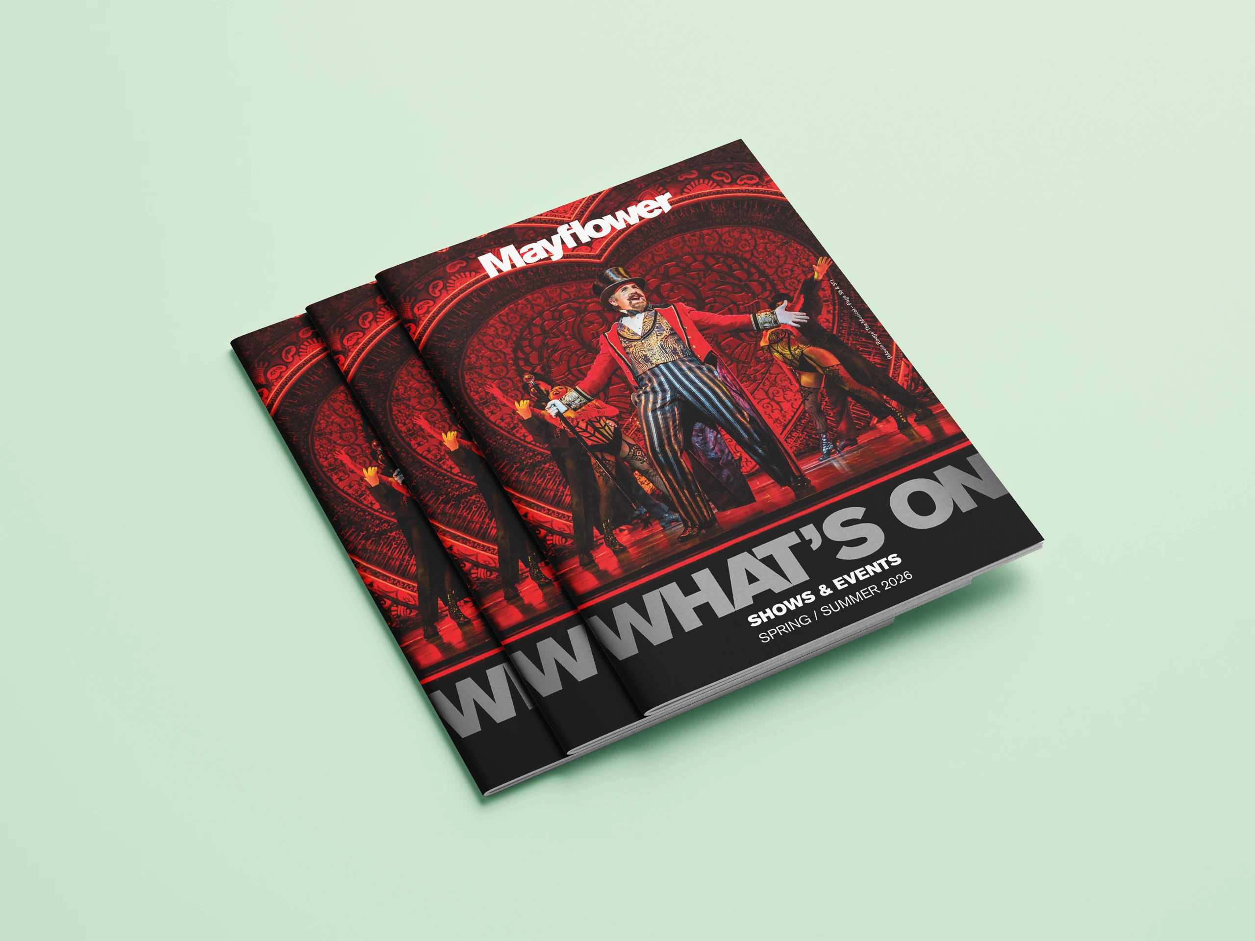 A mock-up showing a stack of an A5 saddle stitch bind what's on guide cover for Mayflower Theatre.