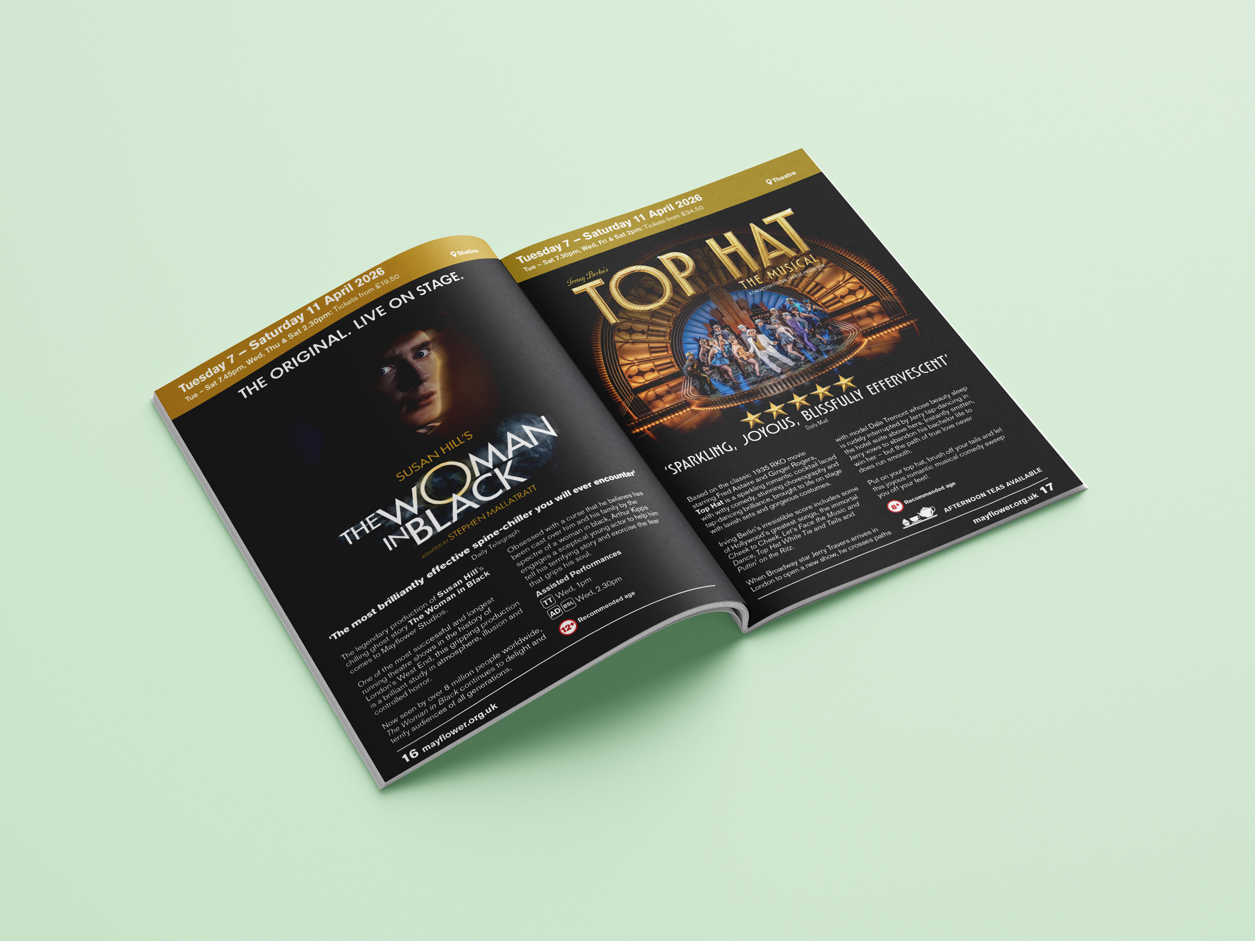 A mock-up showing the internal spread for Mayflower what's on guide.