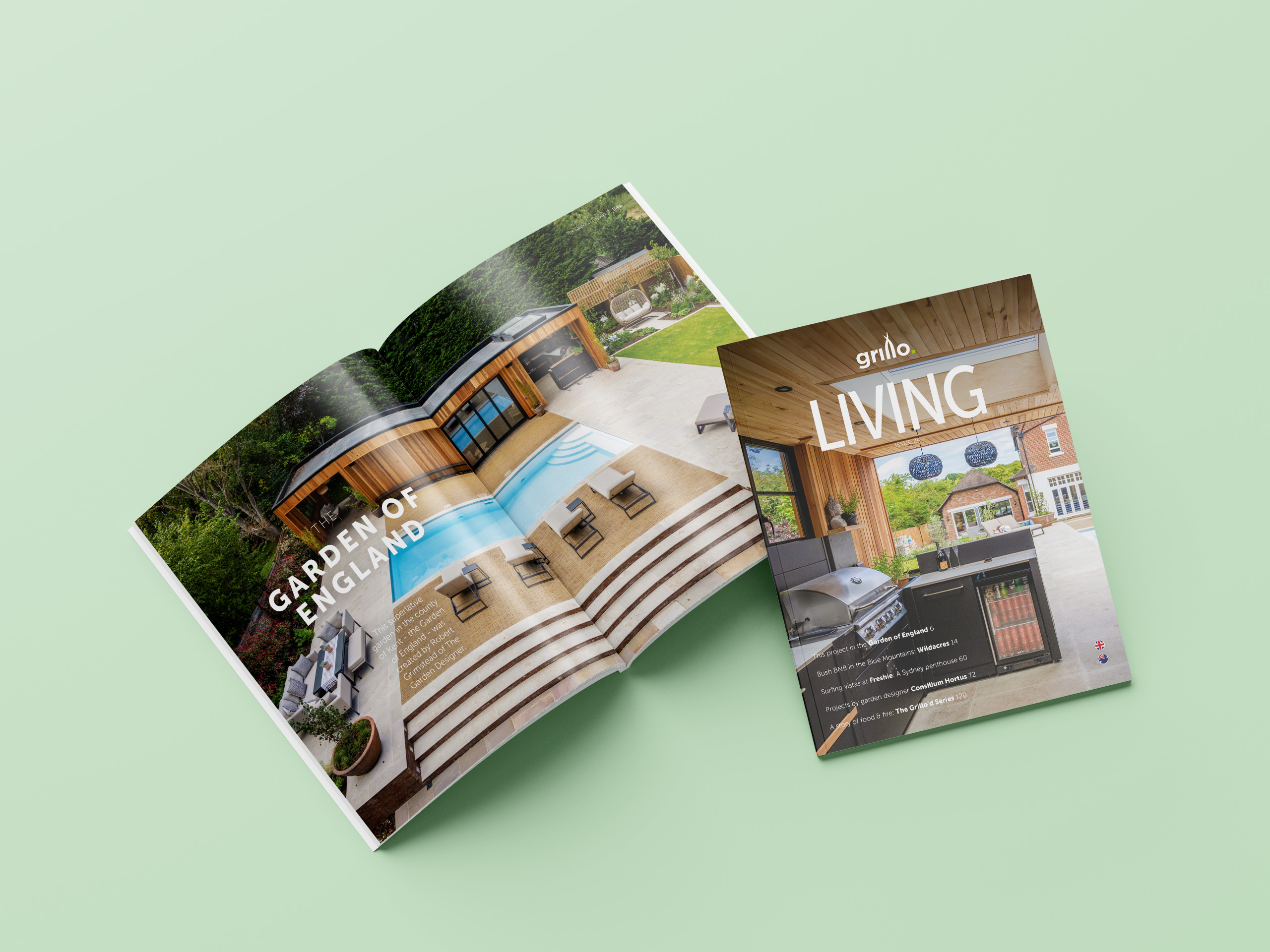 A bespoke size brochure for Grillo mock-up showing the cover and internal spread.