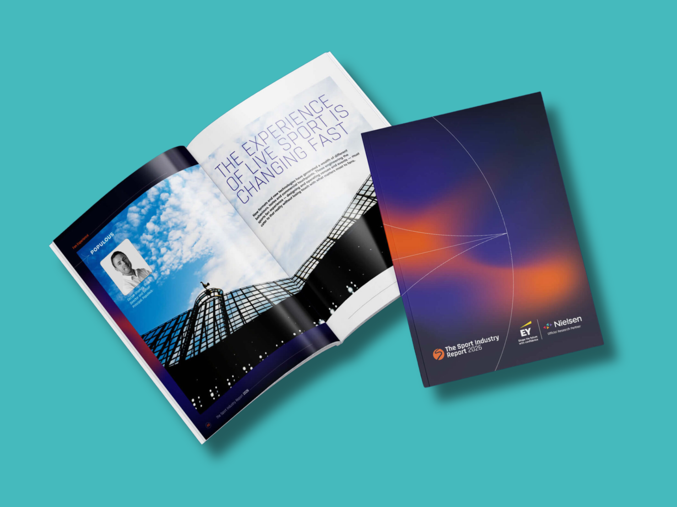 A mock-up showing the cover and double page spread of an annual report.