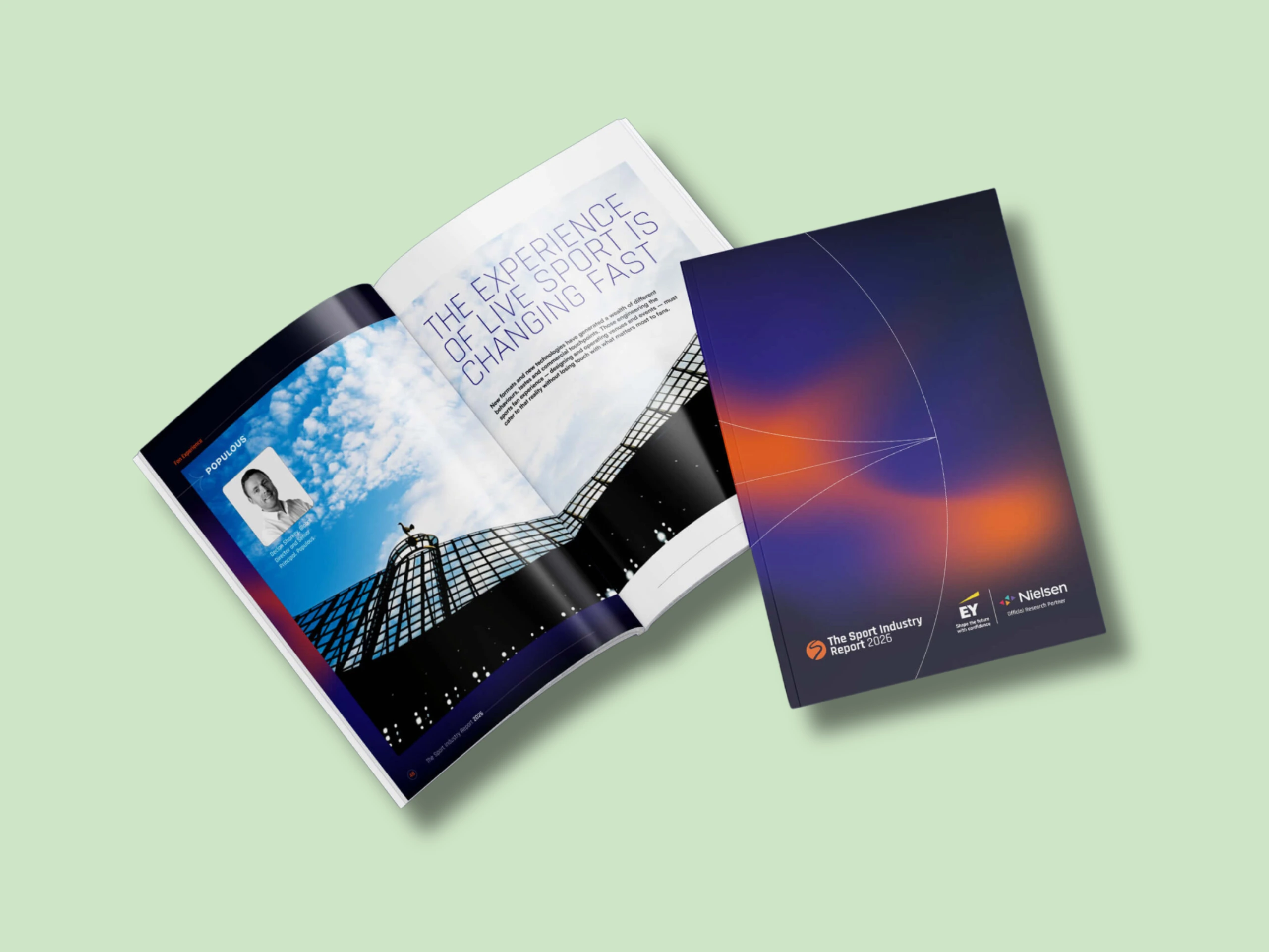 A mock-up showing the cover and double page spread of an annual report.